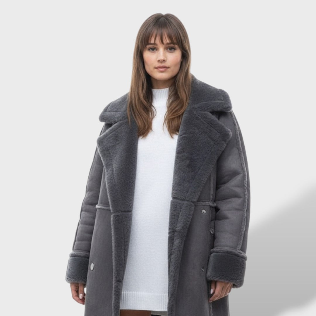 Abrigo Polar Largo Mujer Ava Elegante y Cálido, abrigo de invierno, detalle de tela | Moda Acosta