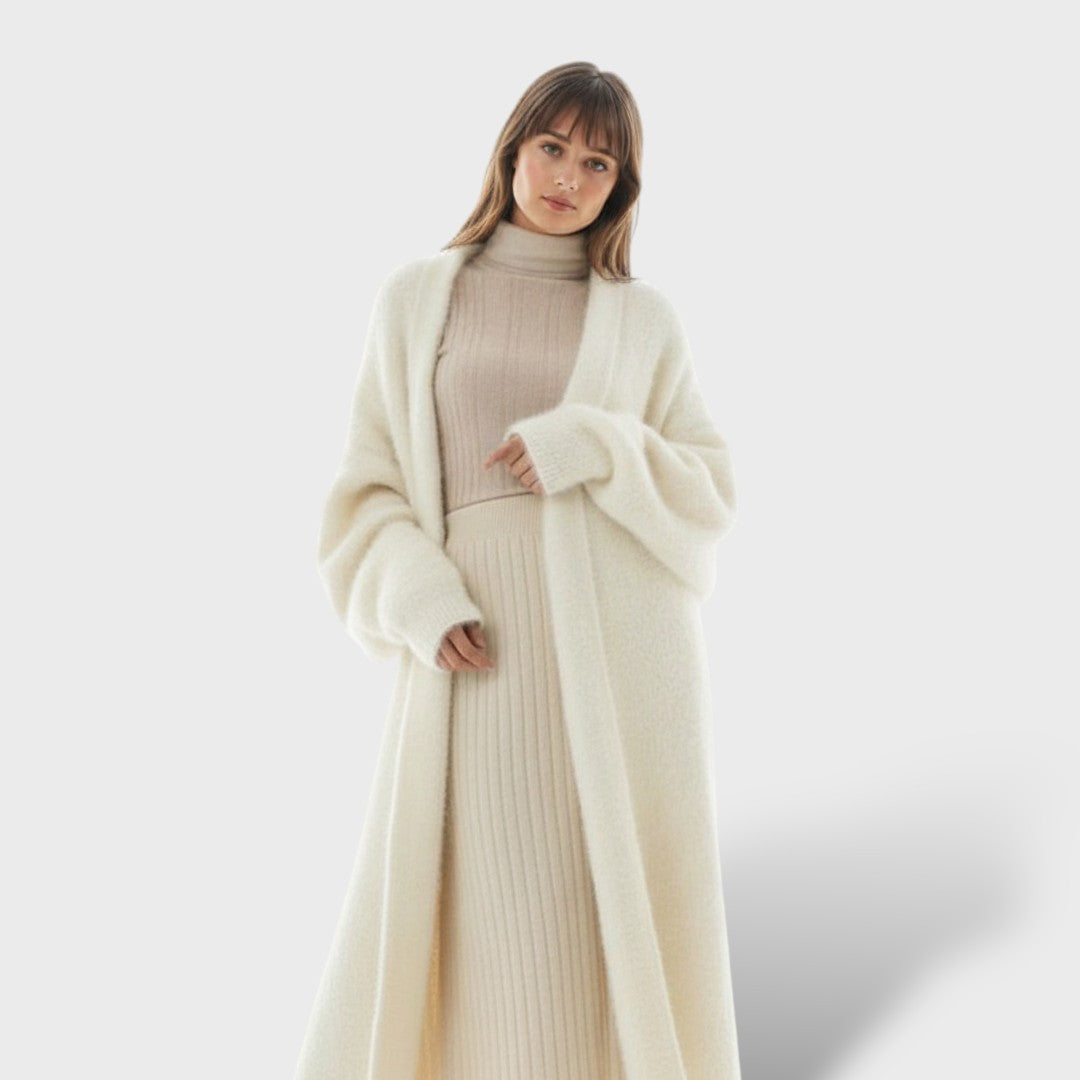 Abrigo Largo de Cachemira Luxe para Damas, abrigo de invierno, vista frontal | Moda Acosta
