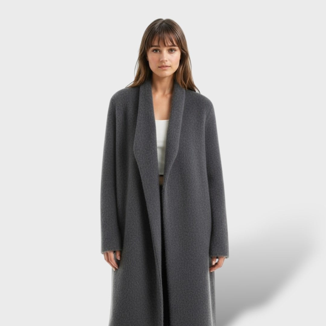 Abrigo Largo de Cachemira Luxe para Damas, abrigo de invierno, detalle de tela | Moda Acosta
