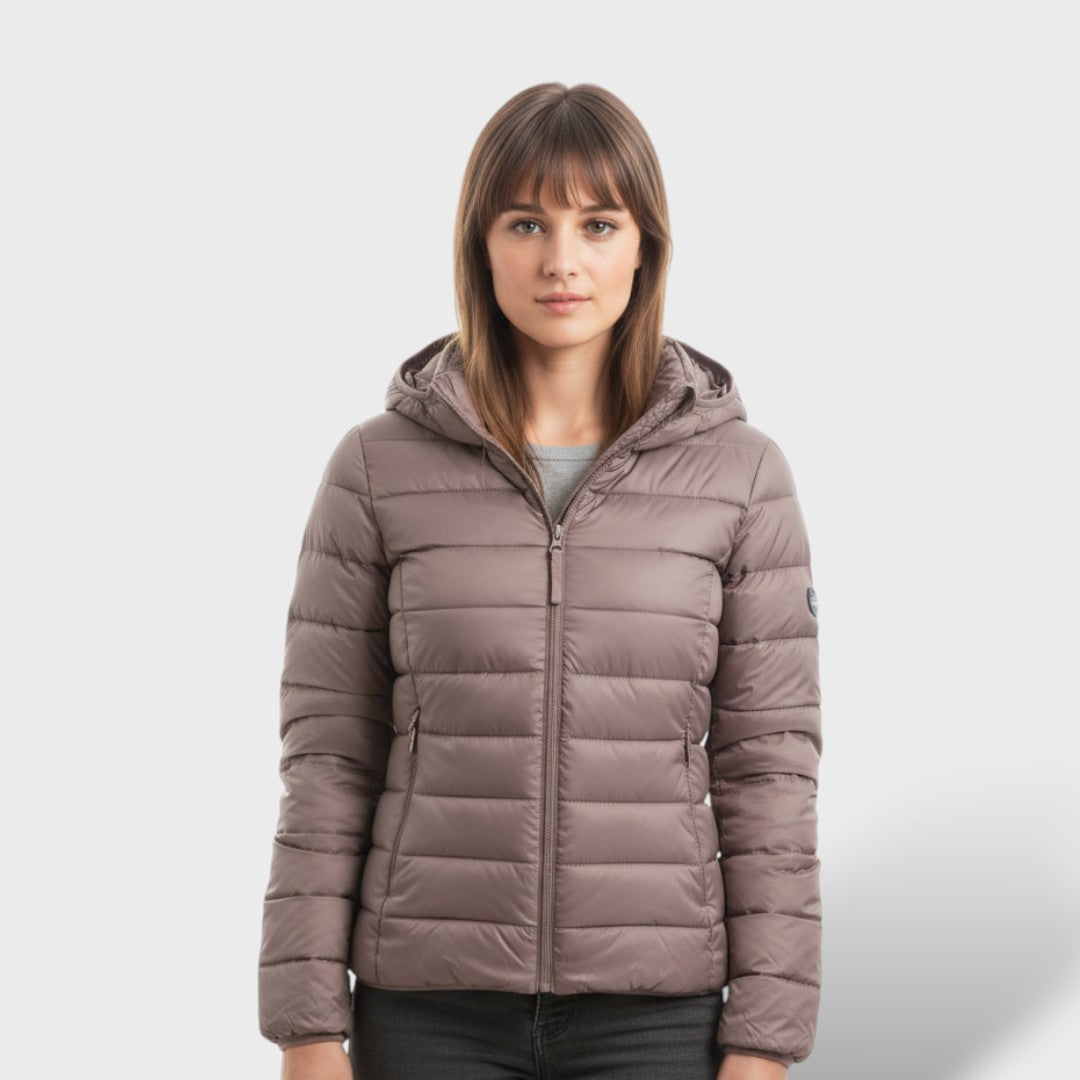 Chaqueta Acolchada Ligera de Plumas Mujer, abrigo de invierno, vista frontal | Moda Acosta