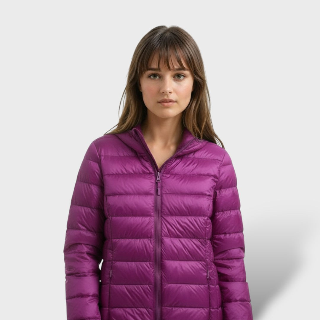 Chaqueta Acolchada Ligera de Plumas Mujer, abrigo de invierno, vista frontal | Moda Acosta
