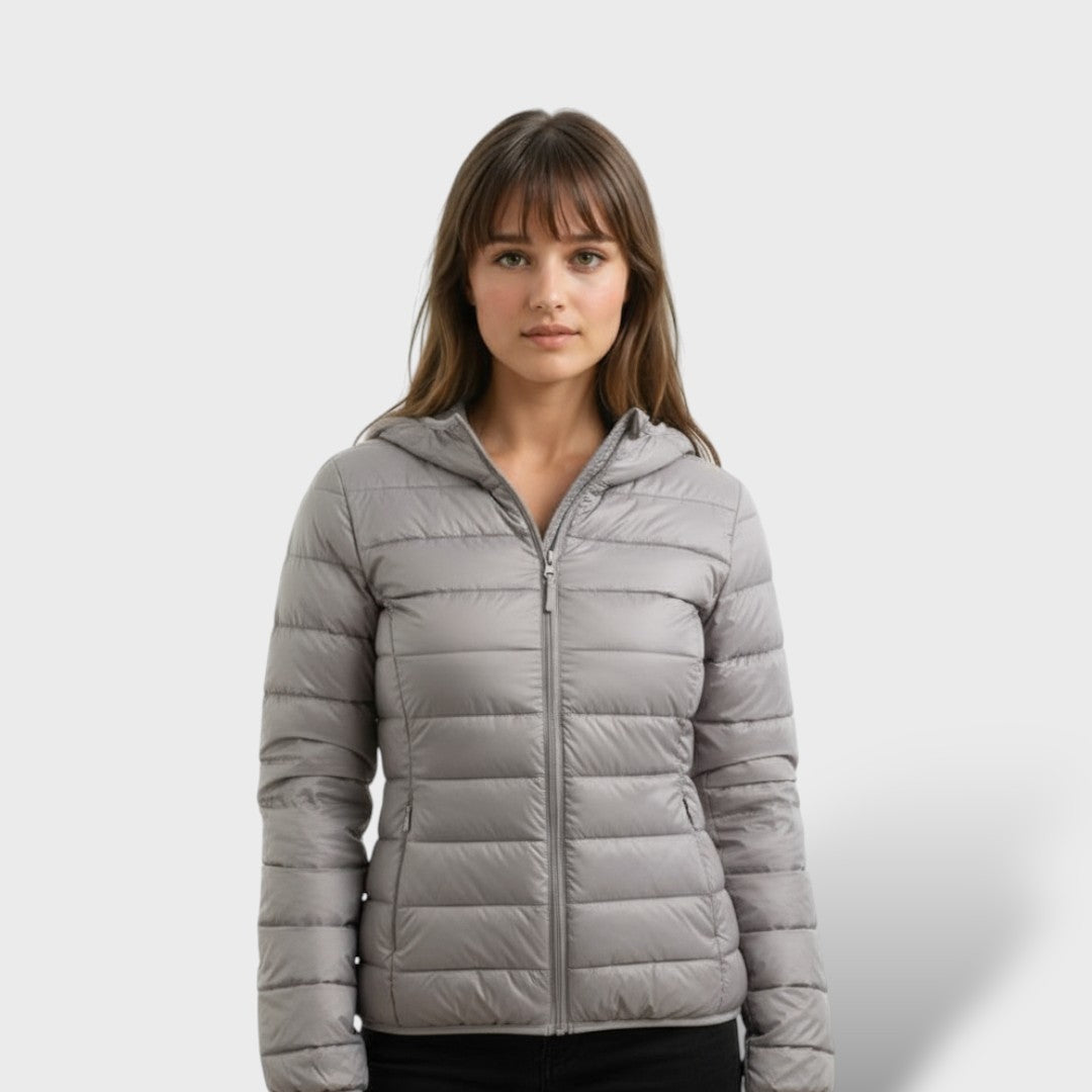 Chaqueta Acolchada Ligera de Plumas Mujer, abrigo de invierno, vista lateral | Moda Acosta