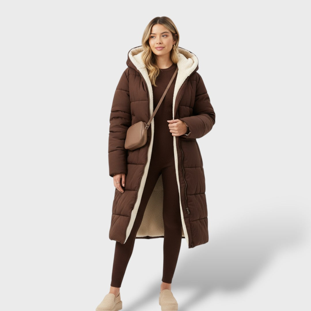 Abrigo reversible negro mujer invierno, abrigo de invierno, detalle de tela | Moda Acosta