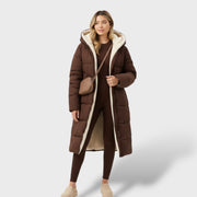 Abrigo reversible negro mujer invierno, abrigo de invierno, detalle de tela | Moda Acosta