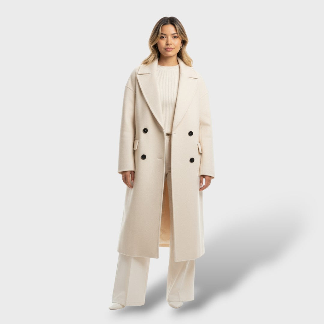 Abrigo elegante de lana con doble botonadura, abrigo de invierno, vista frontal | Moda Acosta