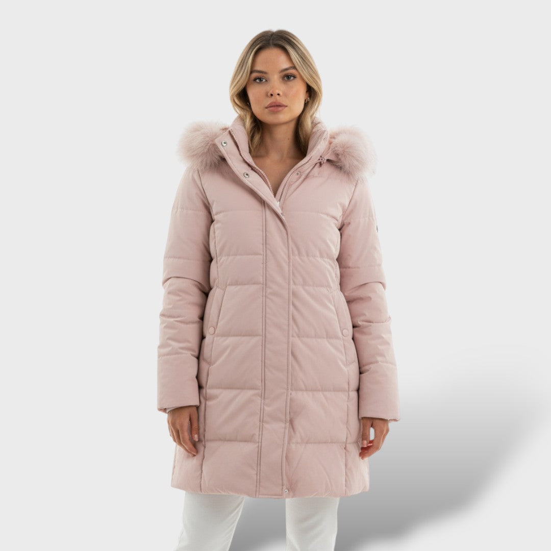 Abrigo elegante con capucha de piel sintética, abrigo de invierno, vista frontal | Moda Acosta