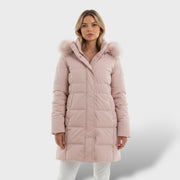 Abrigo elegante con capucha de piel sintética, abrigo de invierno, vista frontal | Moda Acosta