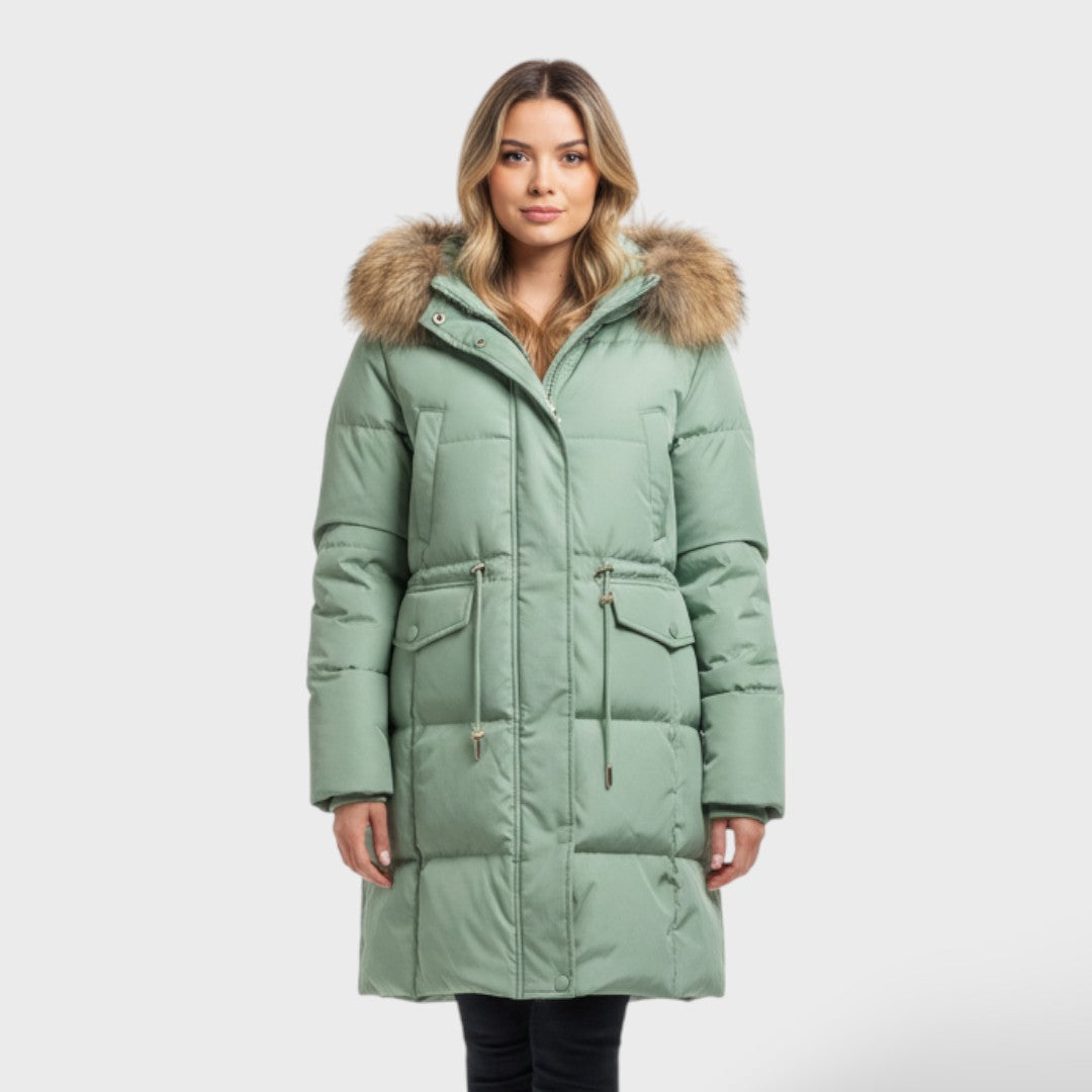 Abrigo elegante con capucha de piel sintética, abrigo de invierno, detalle de tela | Moda Acosta