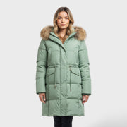 Abrigo elegante con capucha de piel sintética, abrigo de invierno, detalle de tela | Moda Acosta