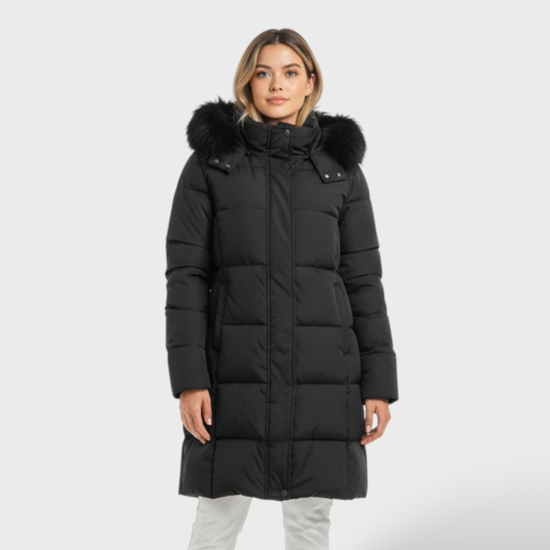 Abrigo elegante con capucha de piel sintética, abrigo de invierno, vista lateral | Moda Acosta