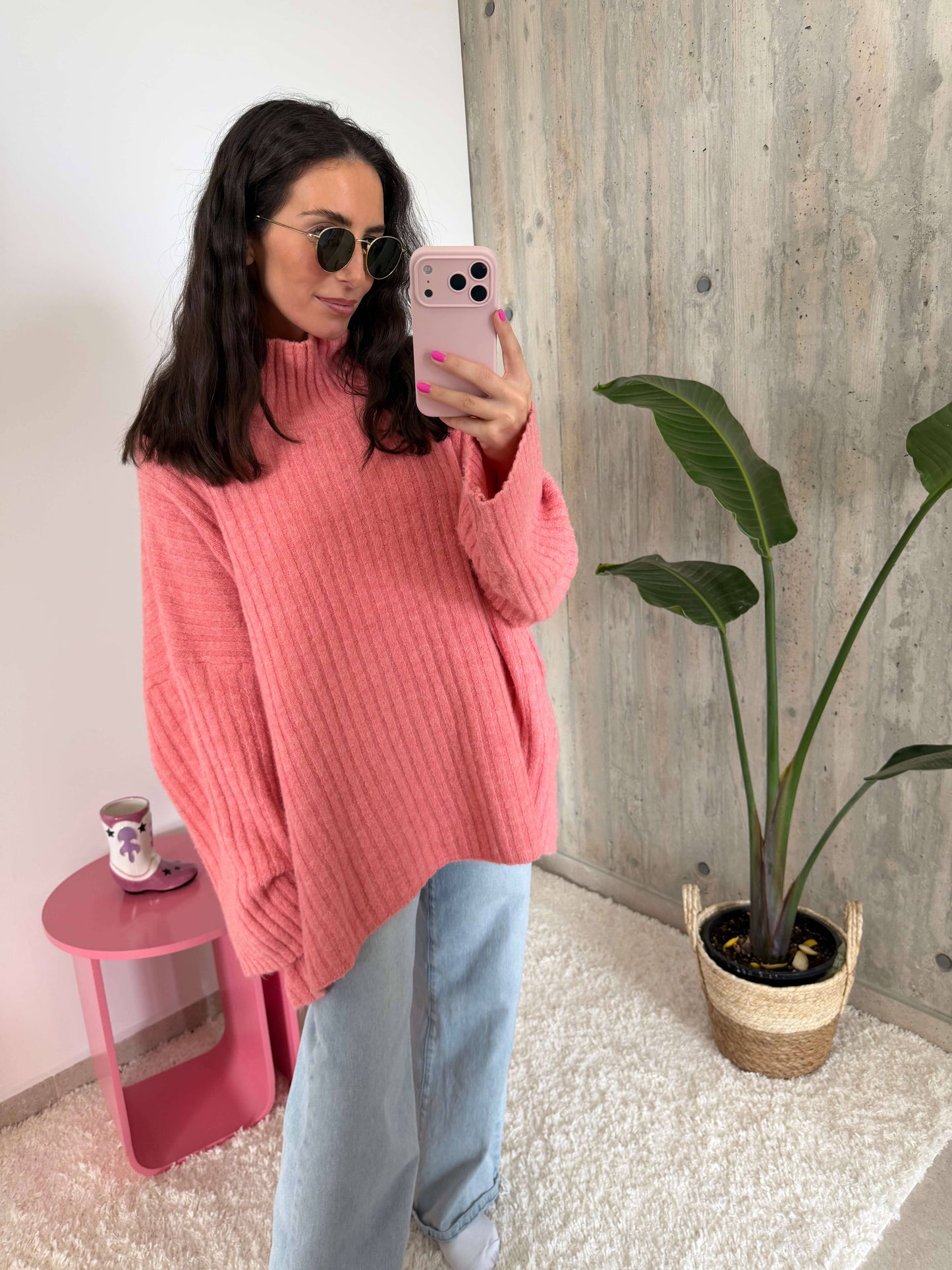 Gerippter Strickpullover in Apricot