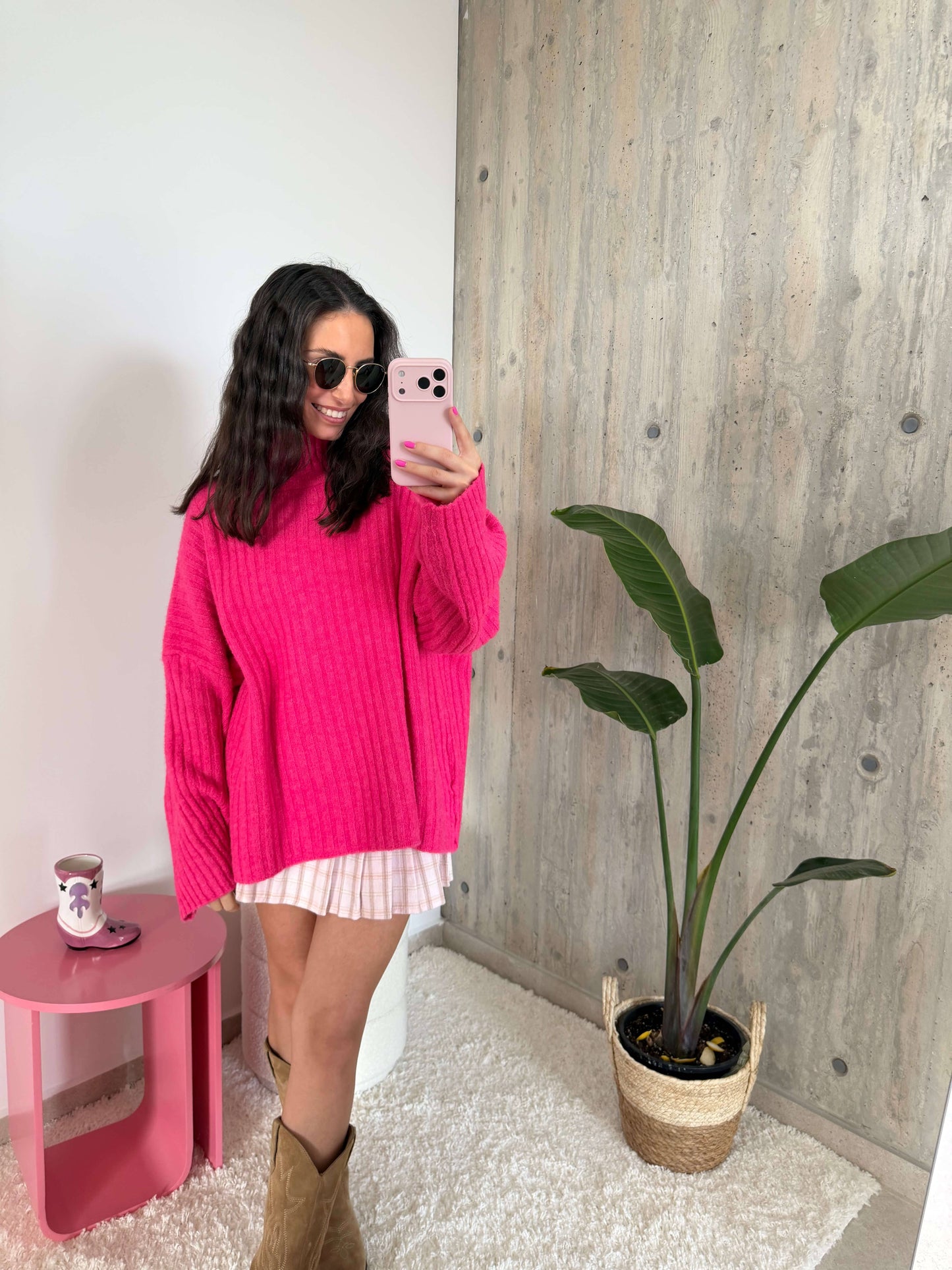 Gerippter Strickpullover in Pink