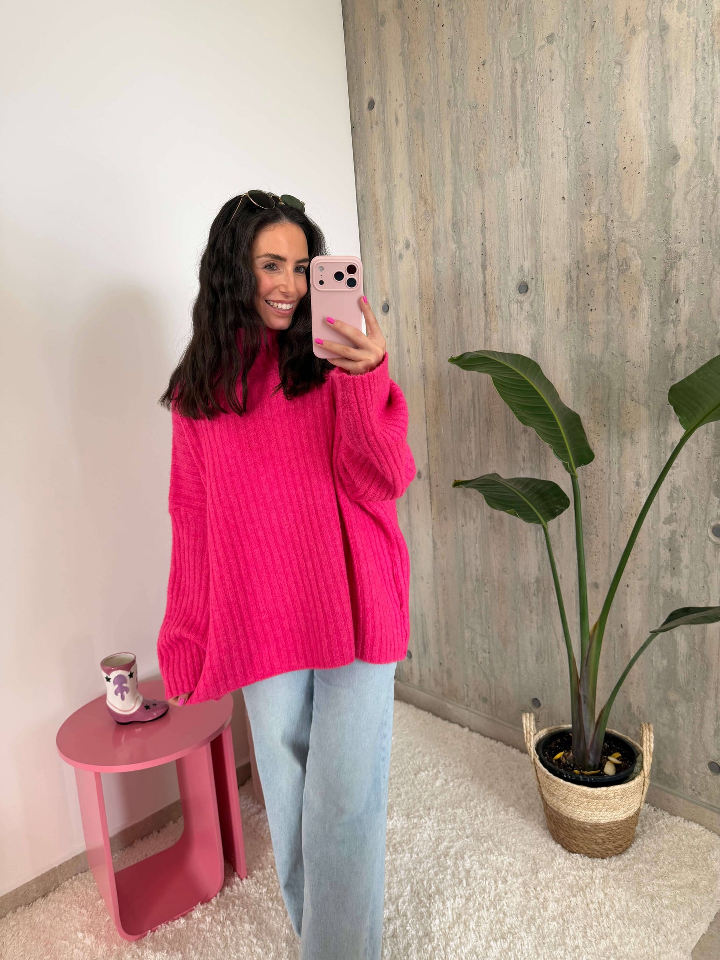 Gerippter Strickpullover in Pink