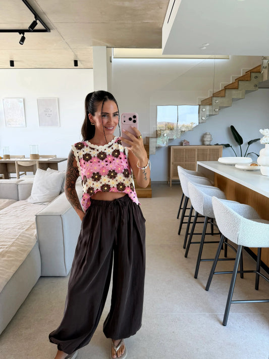 Häkel-Top mit Blumenmuster – Weiß/ Pink