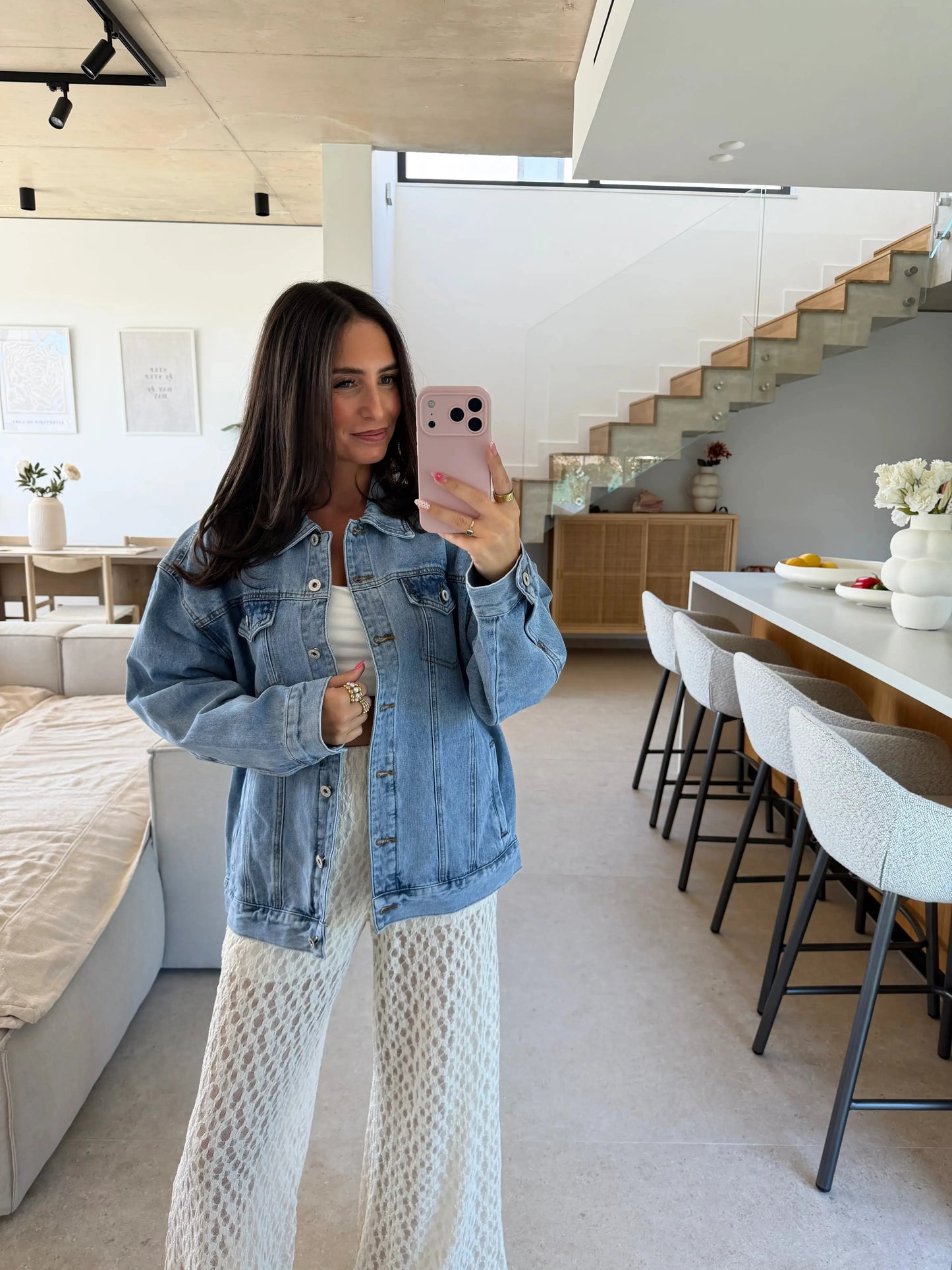 Jeansjacke mit Palmenprint – Blau