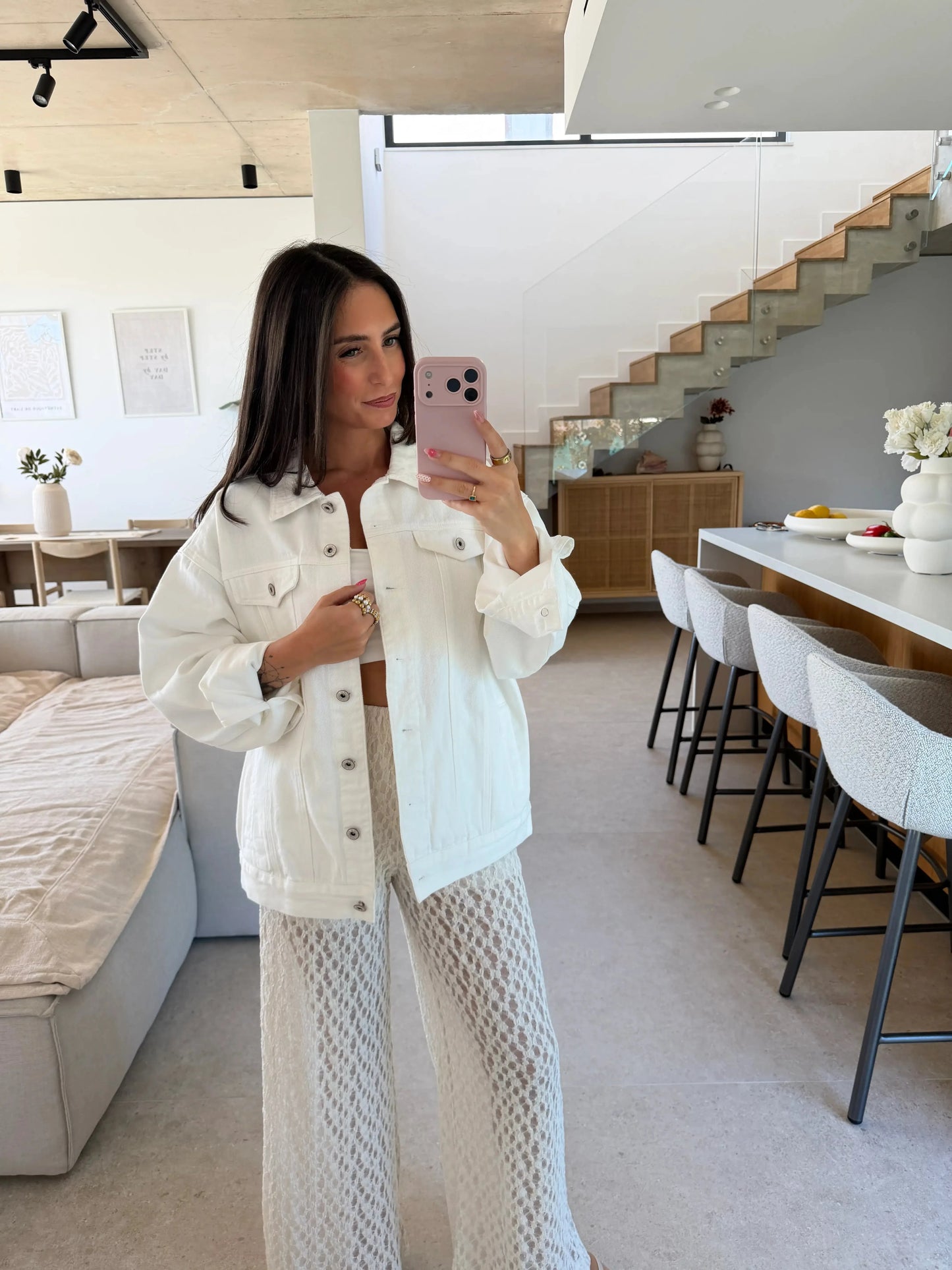 Jeansjacke mit Palmenprint – Weiß