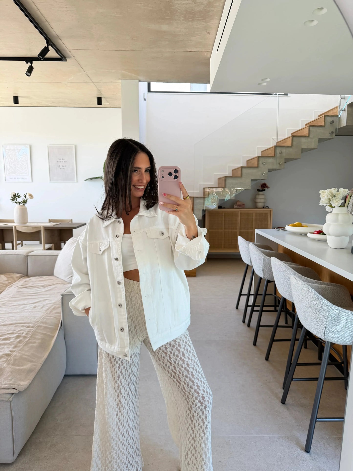 Jeansjacke mit Palmenprint – Weiß