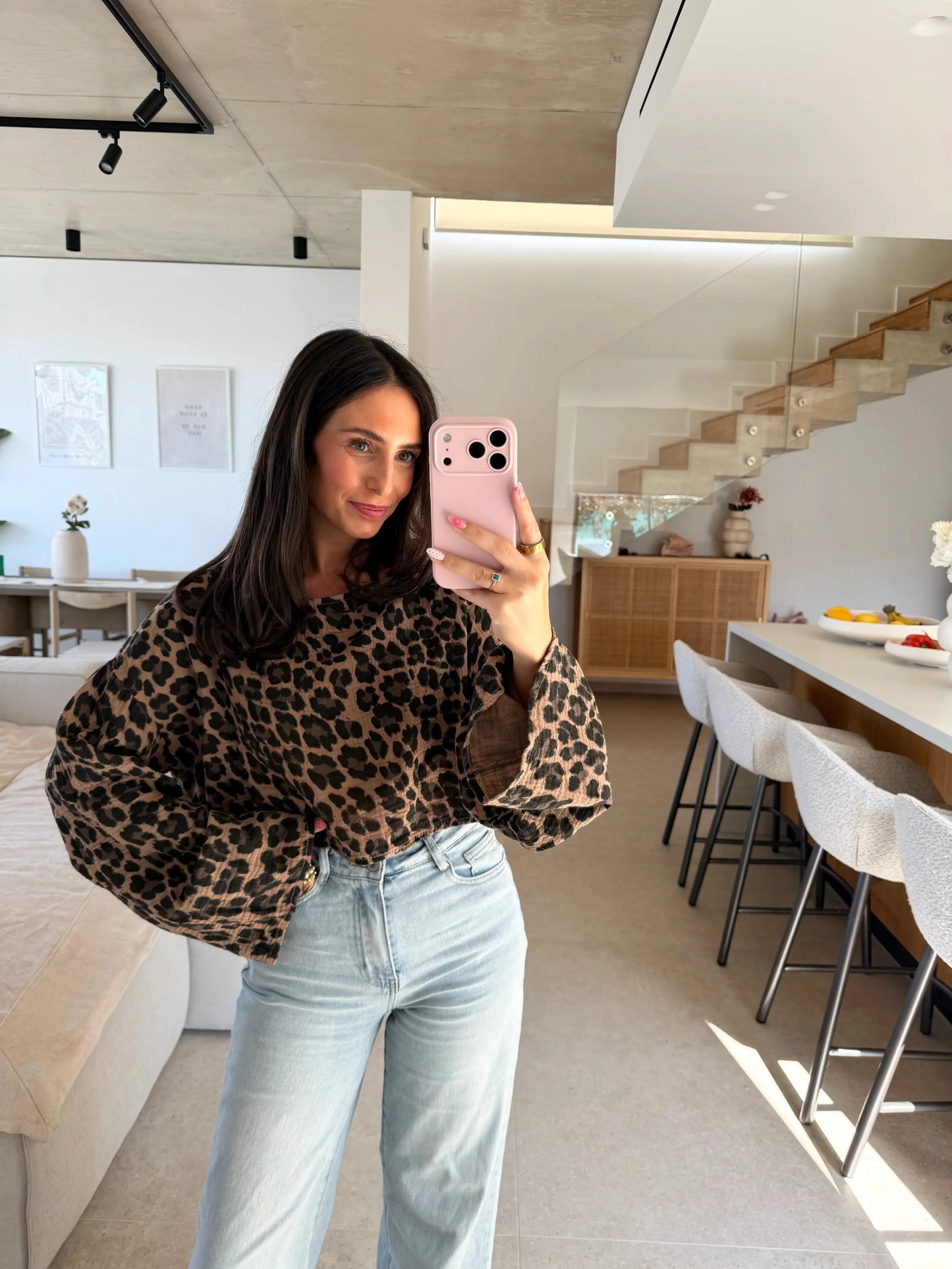 Leopard Musselin Langarmshirt – Braun
