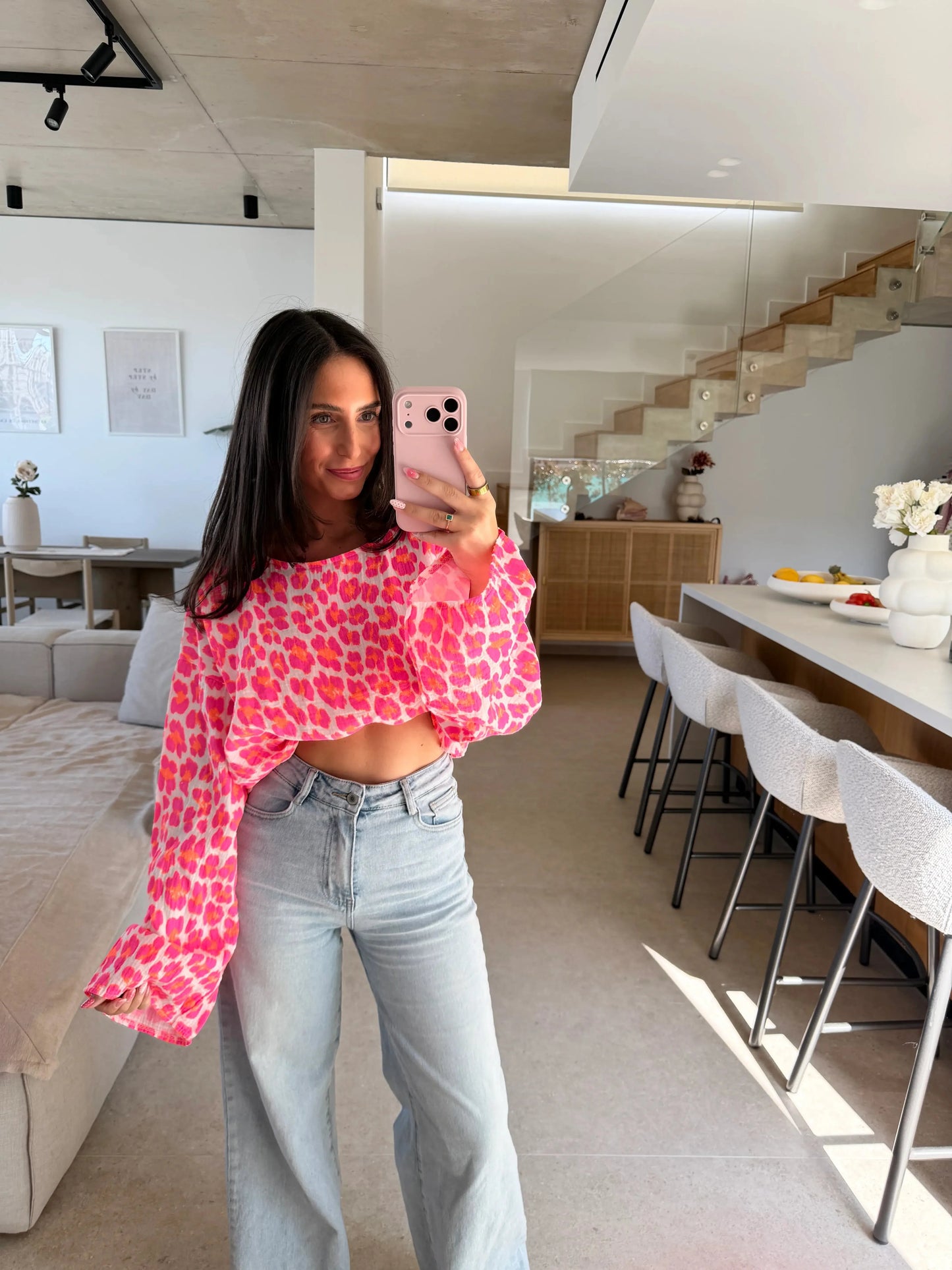 Leopard Musselin Langarmshirt – Pink