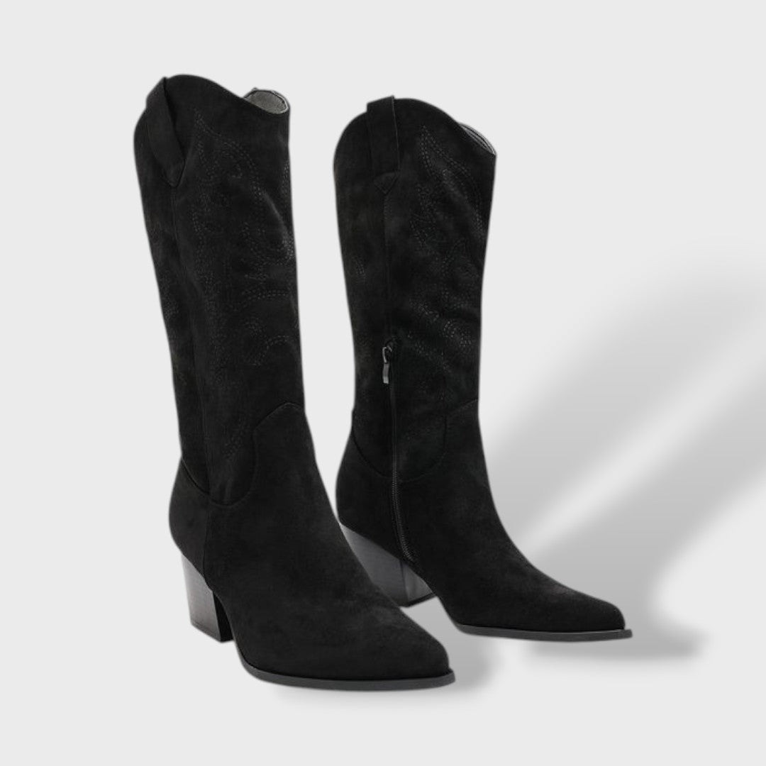 Botas Cowboy Mujer Media Caña Tacón Ancho Bordadas, Tacones, detalle de tela | Moda Acosta