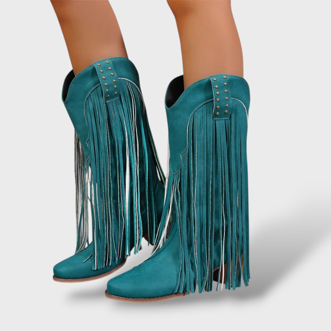 Botas Cowboy Mujer Vintage con Flecos, botas de moda, detalle de tela | Moda Acosta