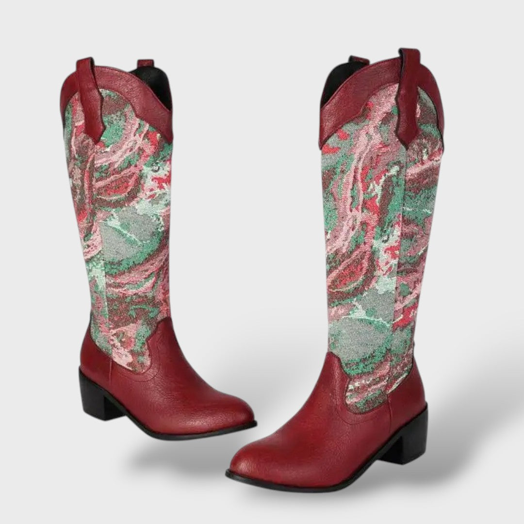 Botas Mujer Bordadas Tacón Cuadrado Elegantes, Tacones, vista frontal | Moda Acosta
