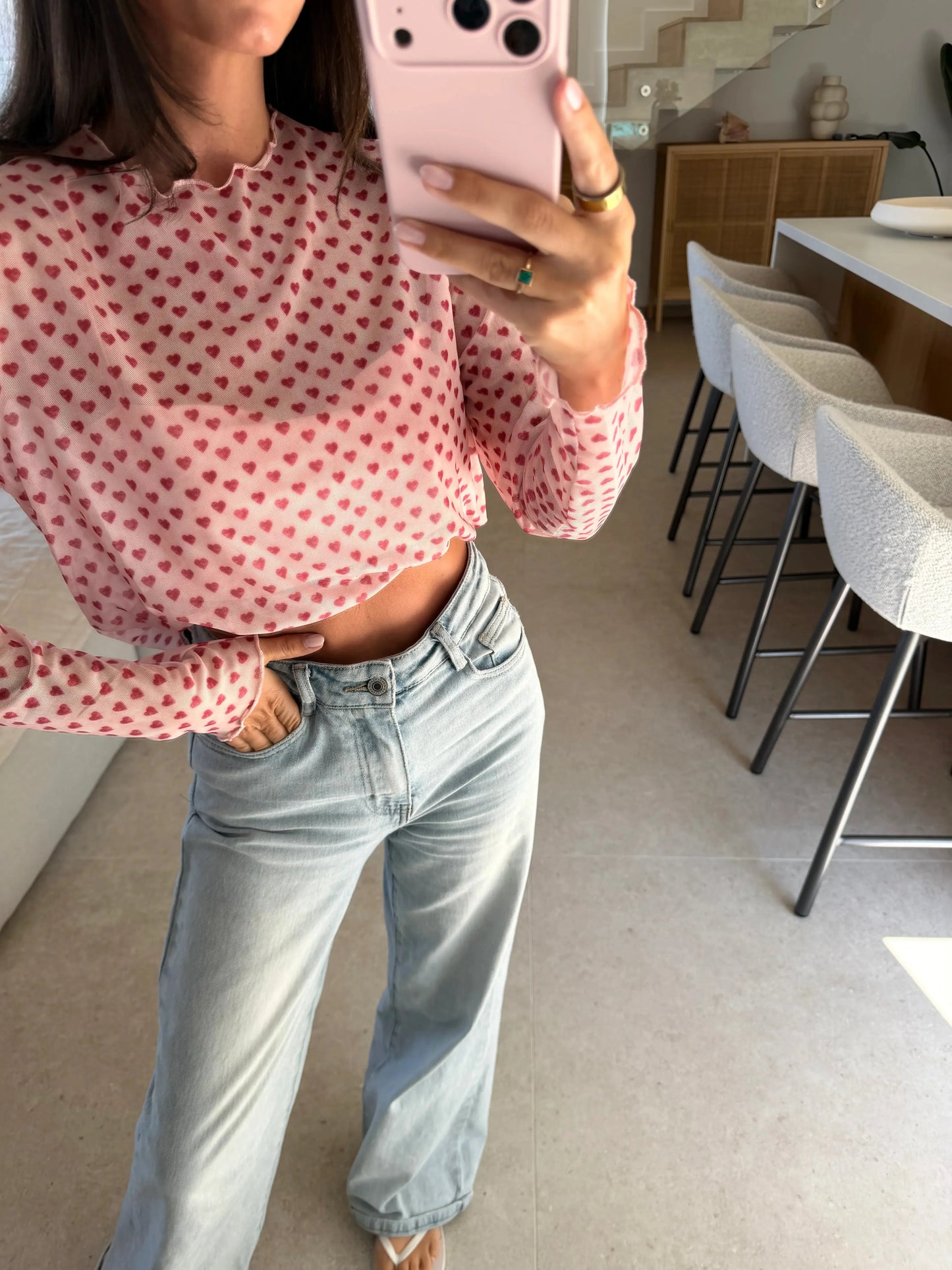 Mesh Longsleeve mit Herzen – Rosa