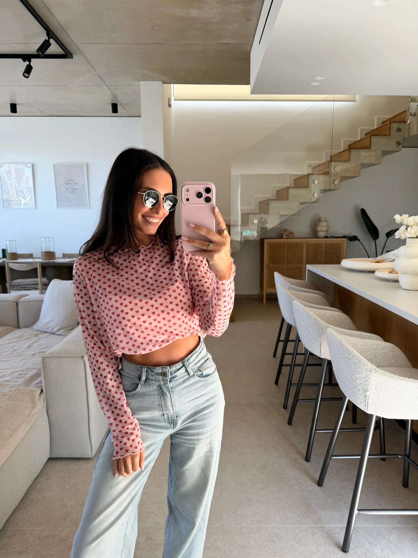 Mesh Longsleeve mit Herzen – Rosa