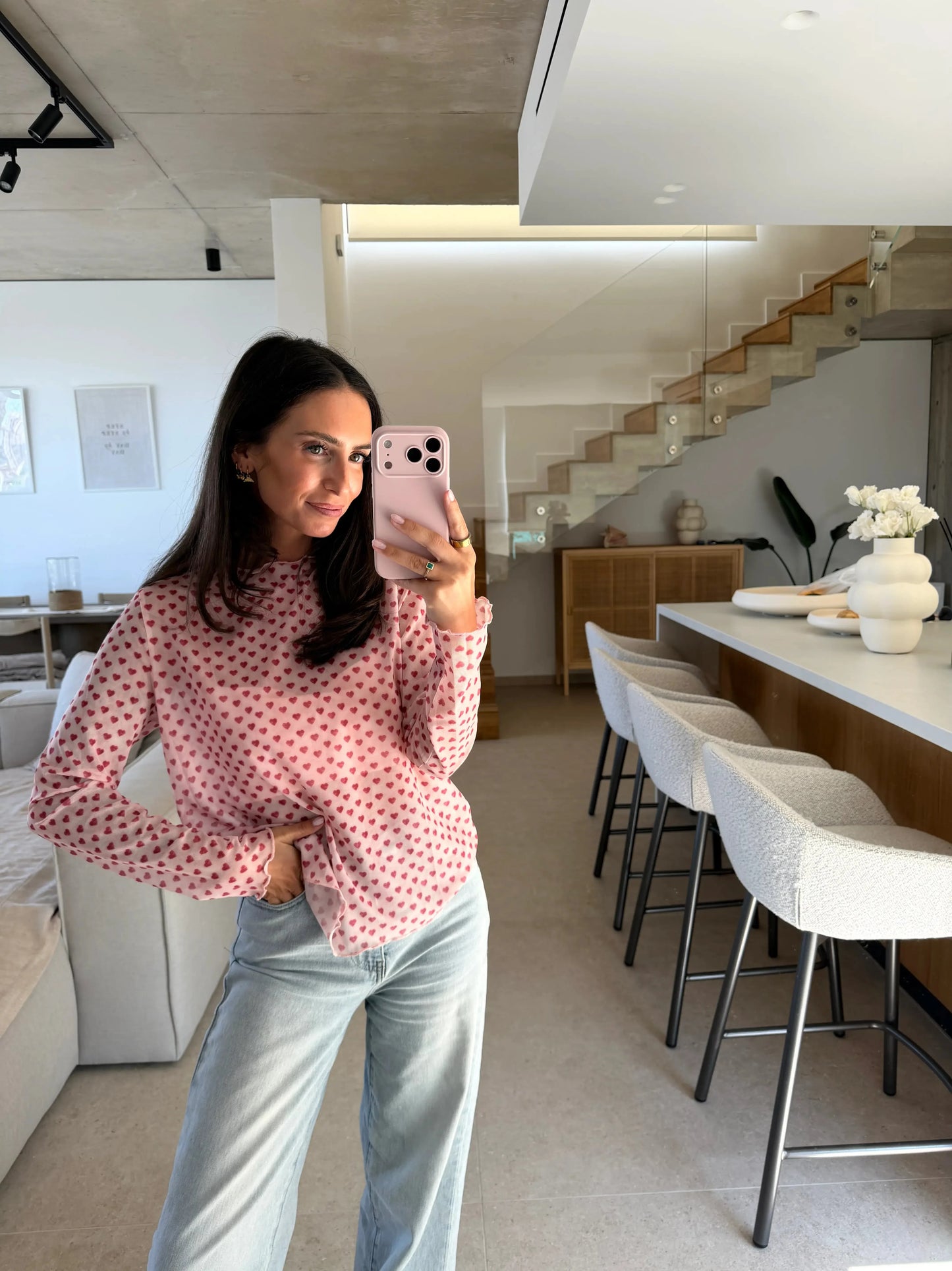 Mesh Longsleeve mit Herzen – Rosa