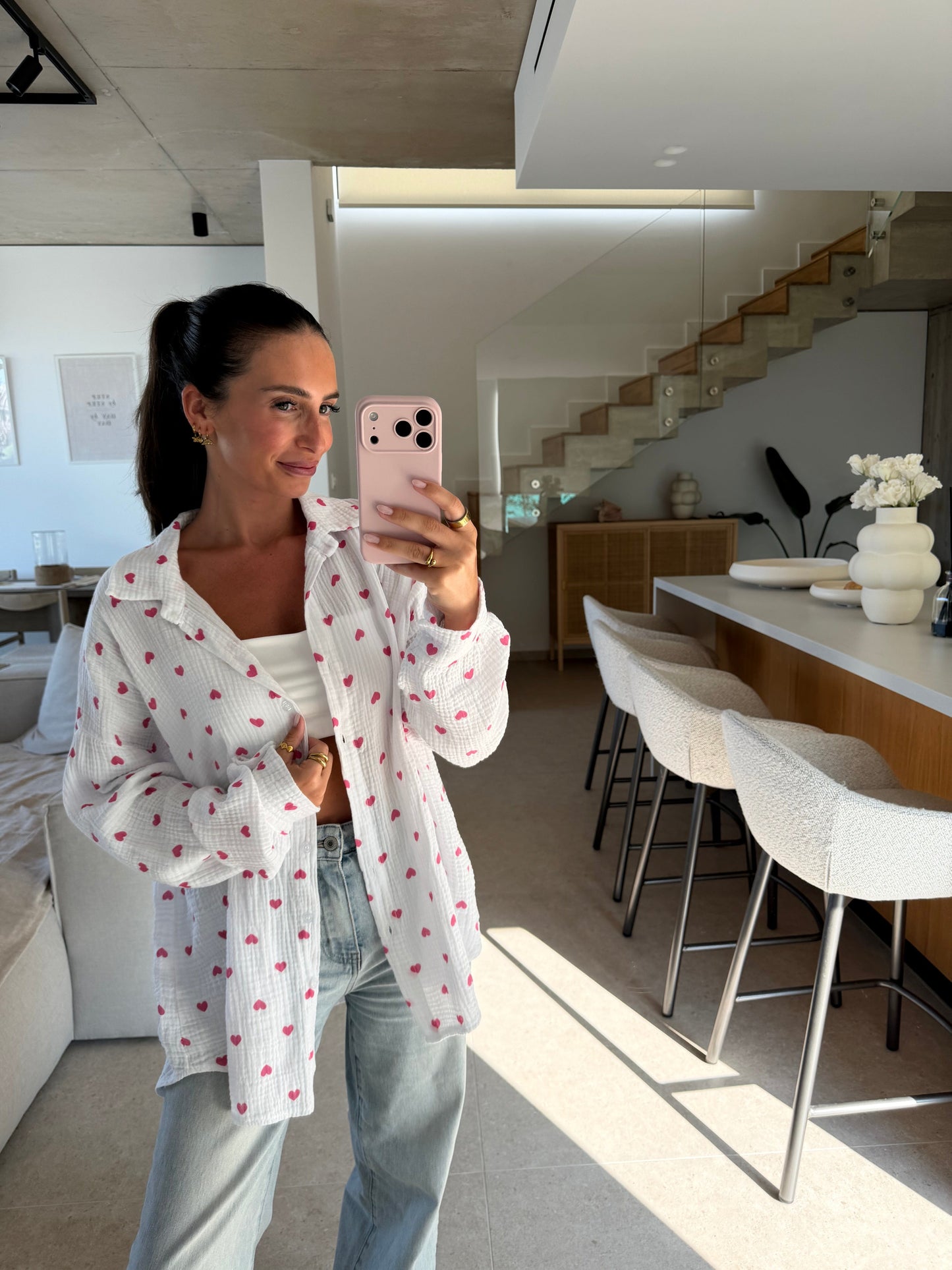 Musselin Bluse - Weiß mit Herzen