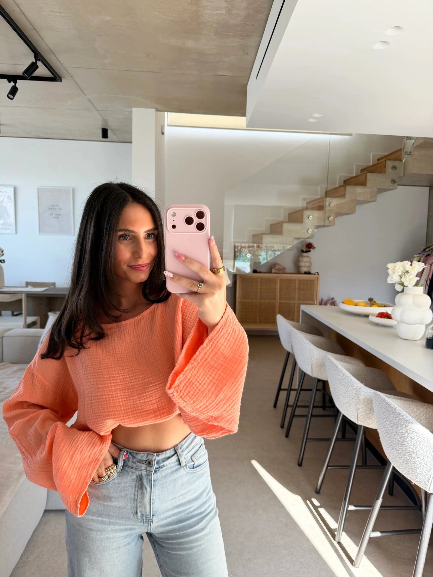 Musselin Langarmshirt - Apricot