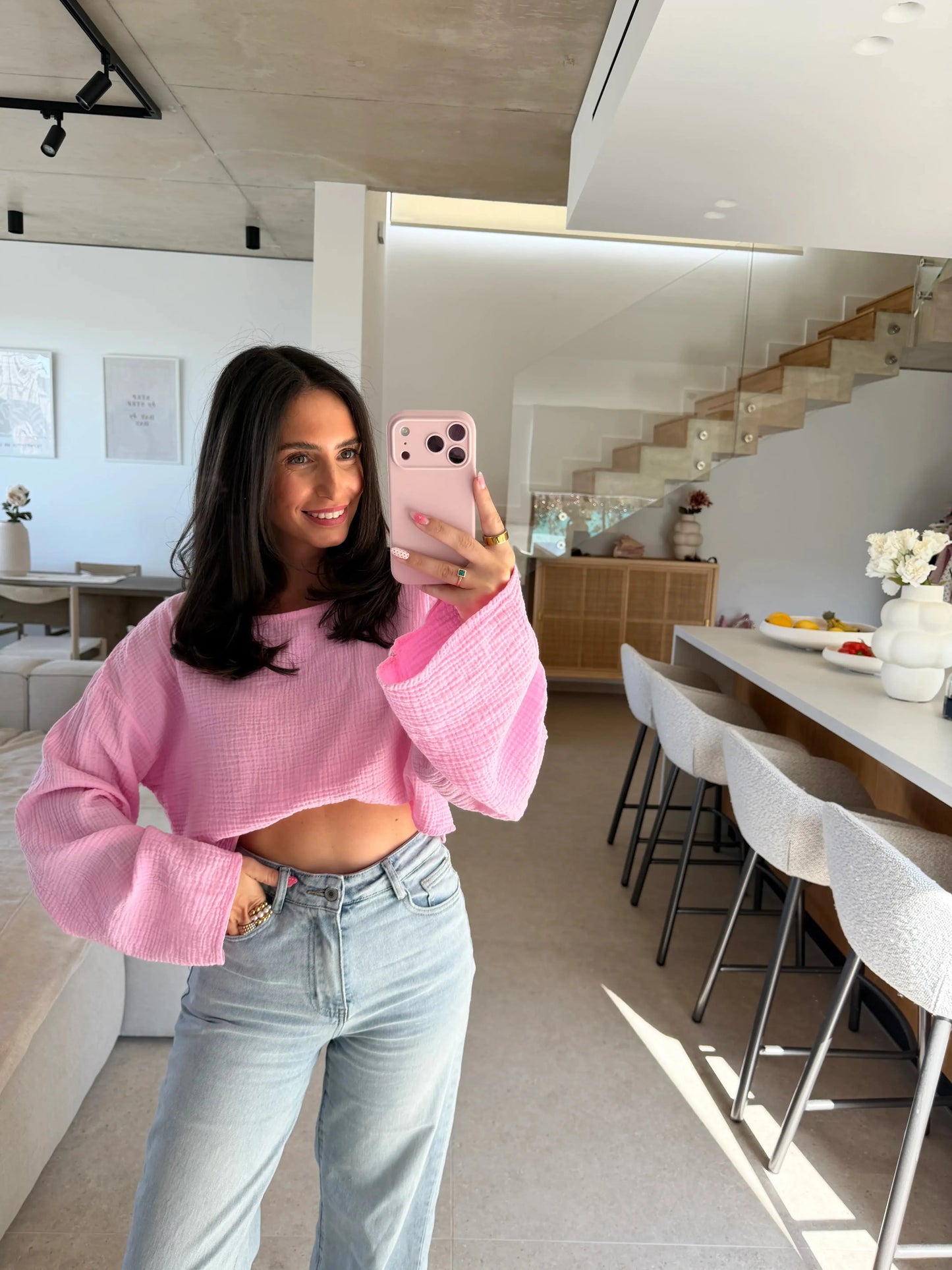 Musselin Langarmshirt - Rosa