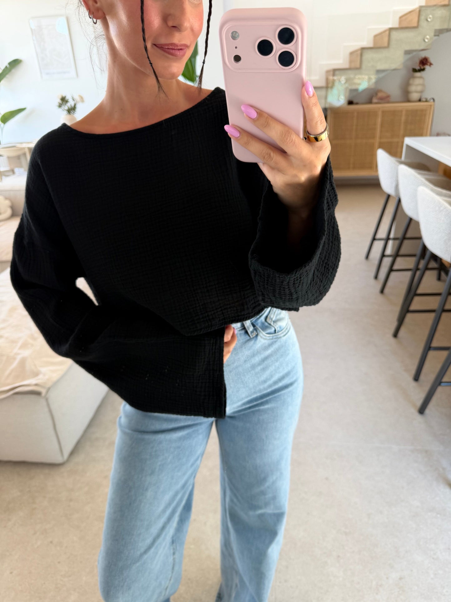 Musselin Langarmshirt - Schwarz