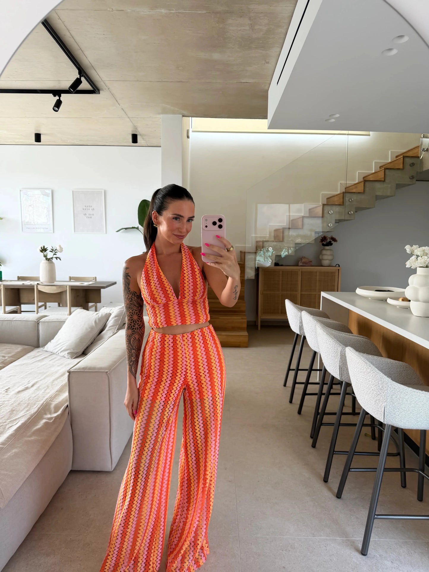 Neckholder Top im Häkel-Look – Orange