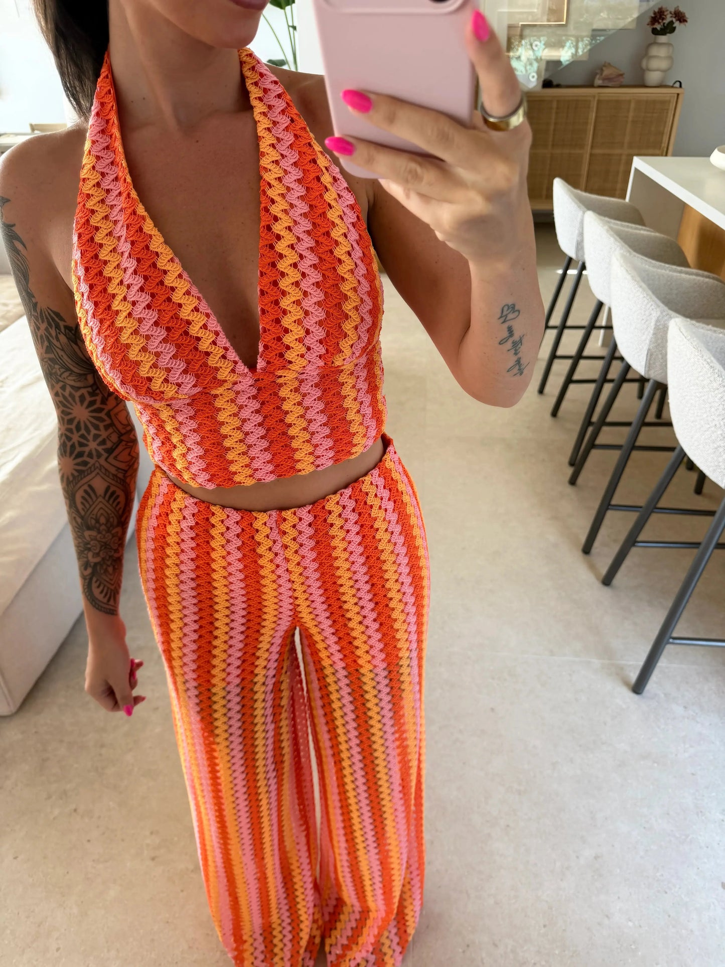 Neckholder Top im Häkel-Look – Orange