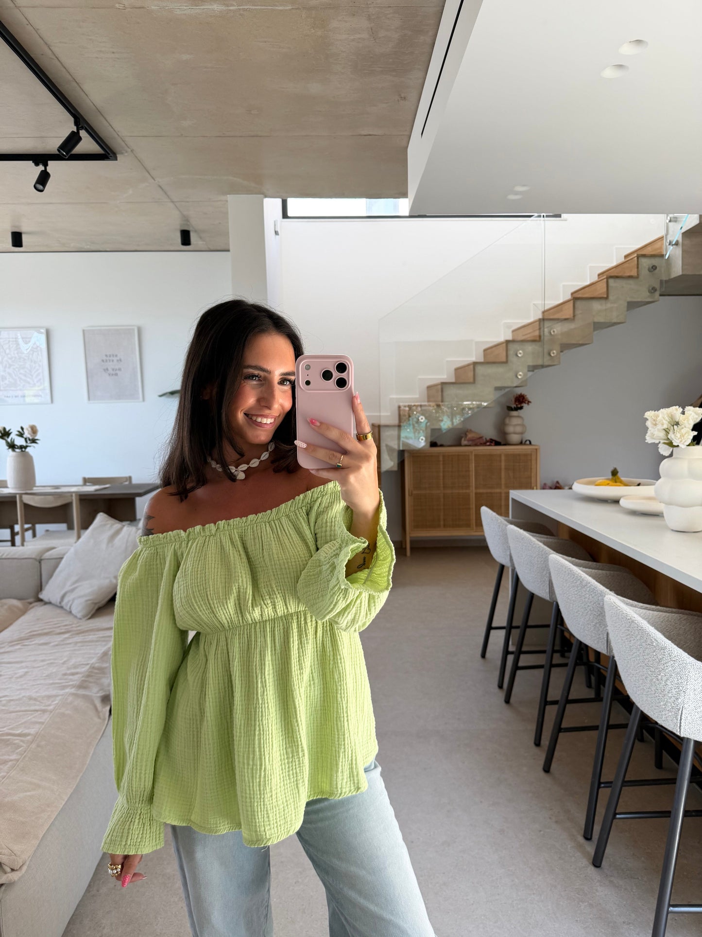 Off-Shoulder Musselin Bluse – Mintgrün