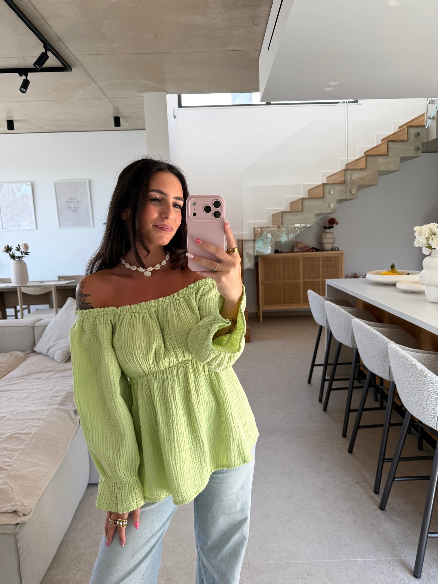 Off-Shoulder Musselin Bluse – Mintgrün