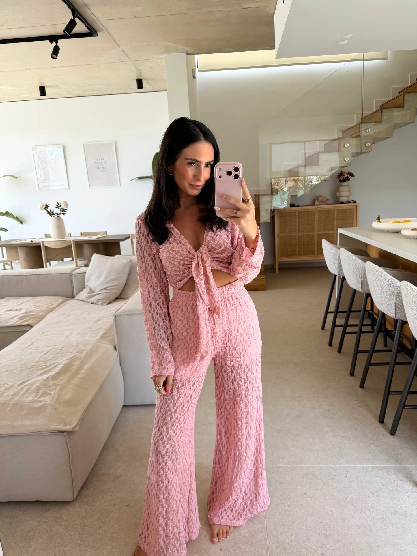 Spitzen Langarmshirt mit knoten - Rosa