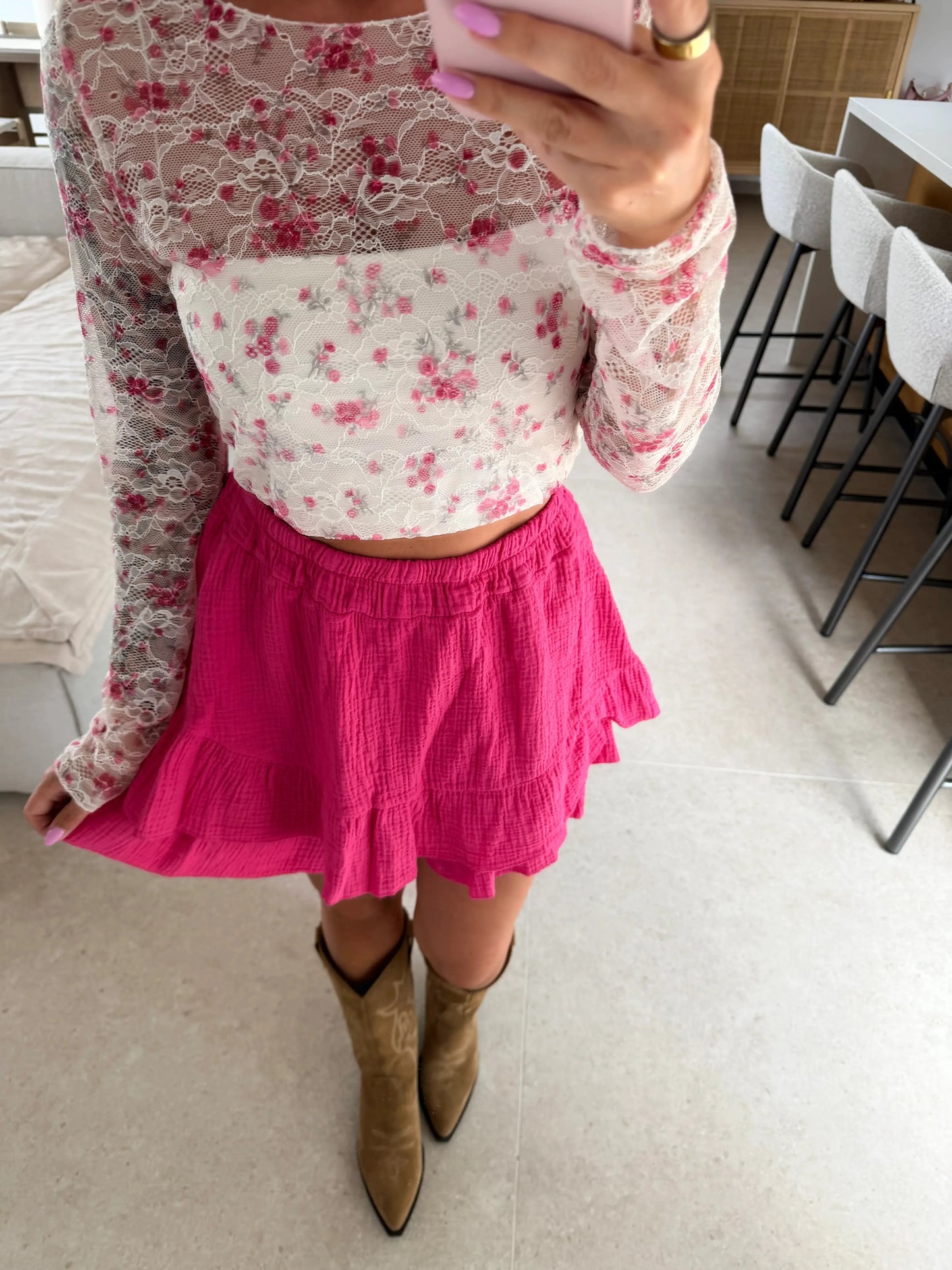 Spitzen Langarmshirt Blumenmuster - Weiß