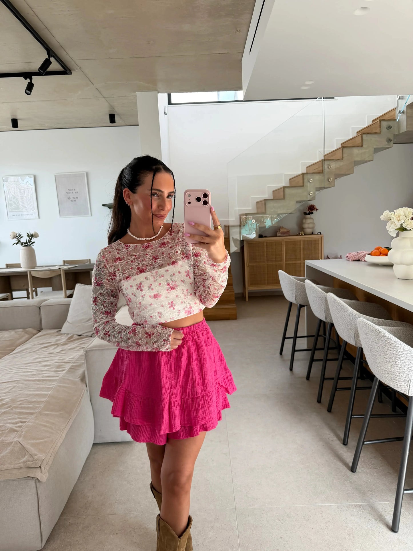 Spitzen Langarmshirt Blumenmuster - Weiß