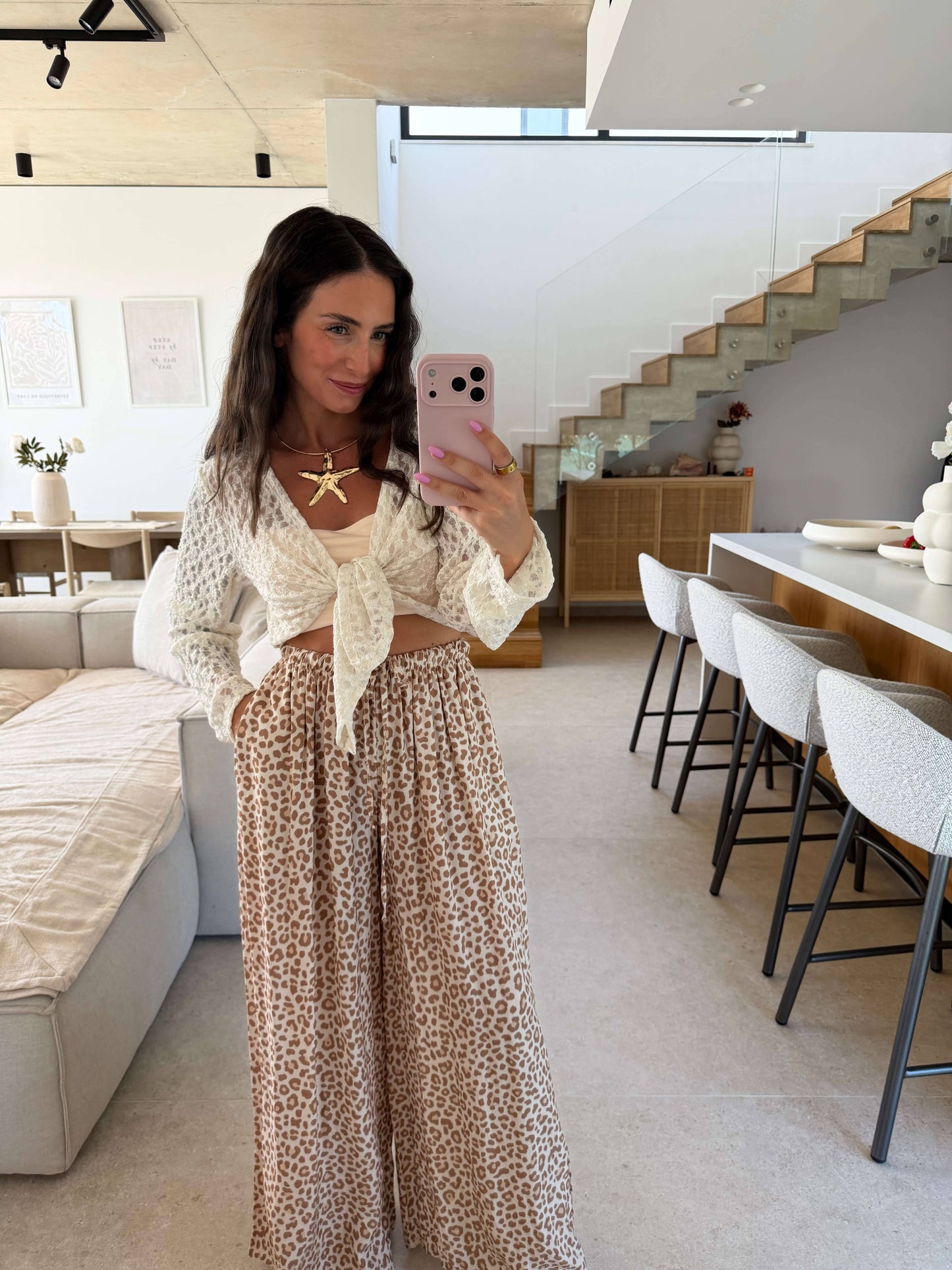 Spitzen Langarmshirt mit Knoten - Creme