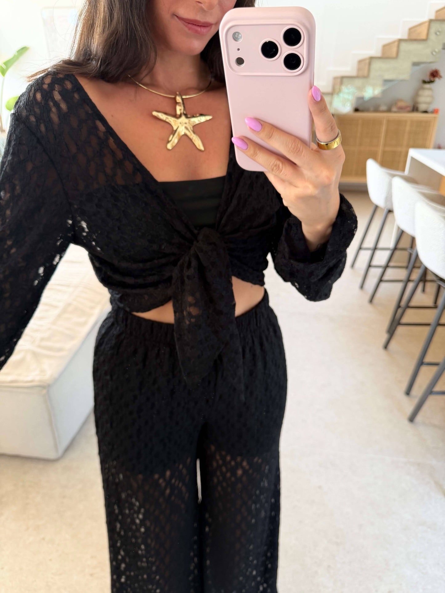 Spitzen Langarmshirt mit knoten - Schwarz