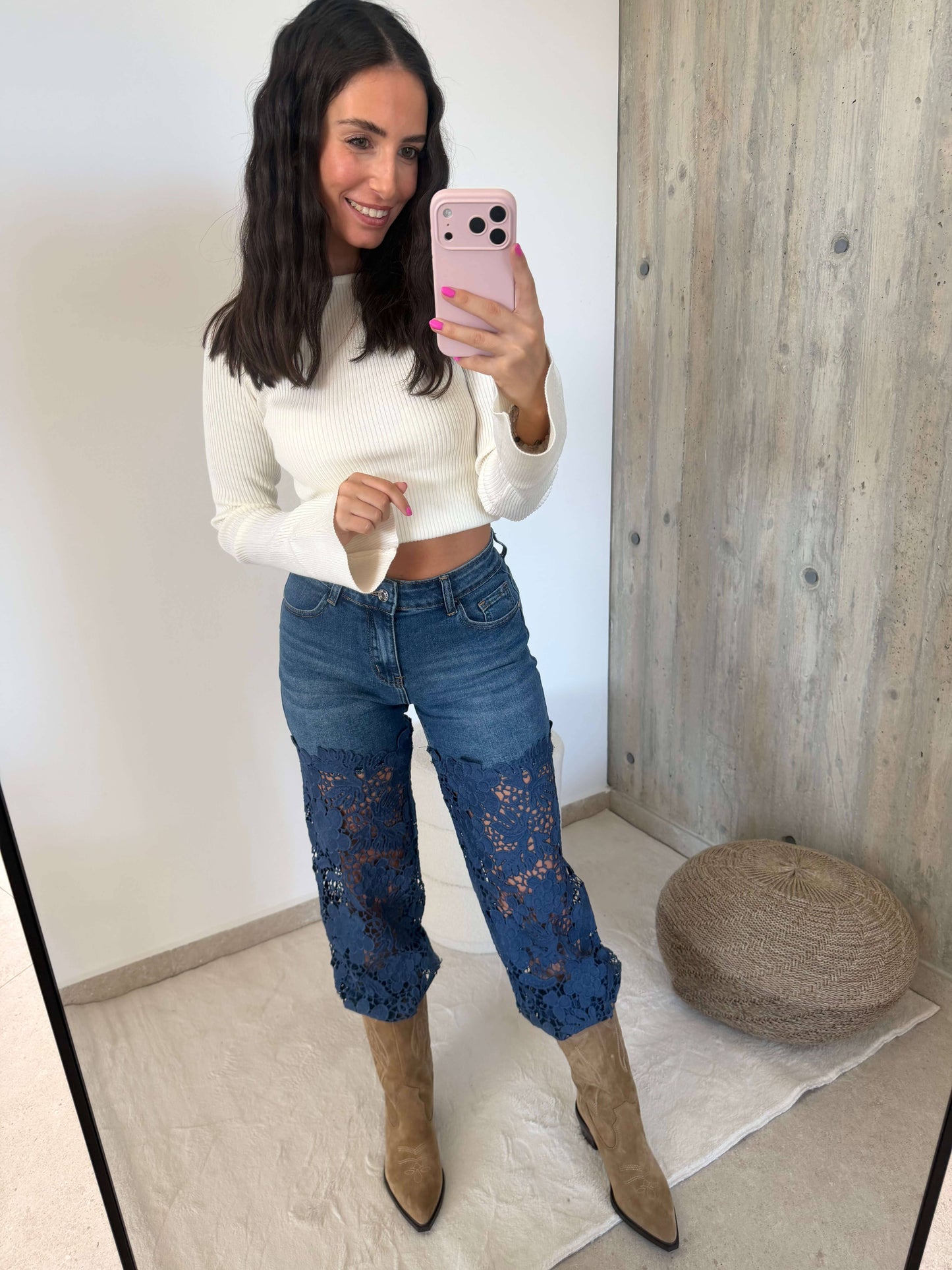 Straight Jeans mit Spitzen-Details – Blau