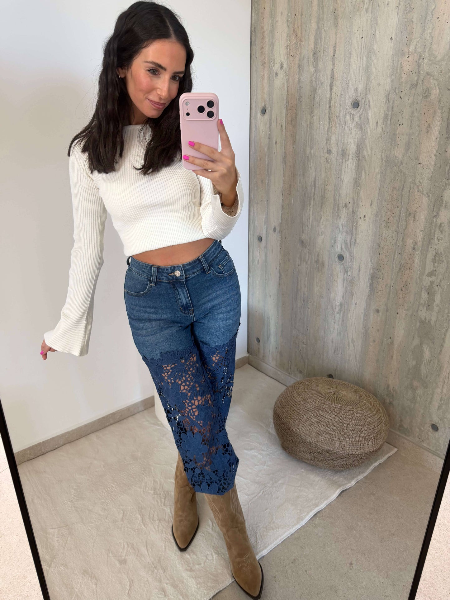 Straight Jeans mit Spitzen-Details – Blau