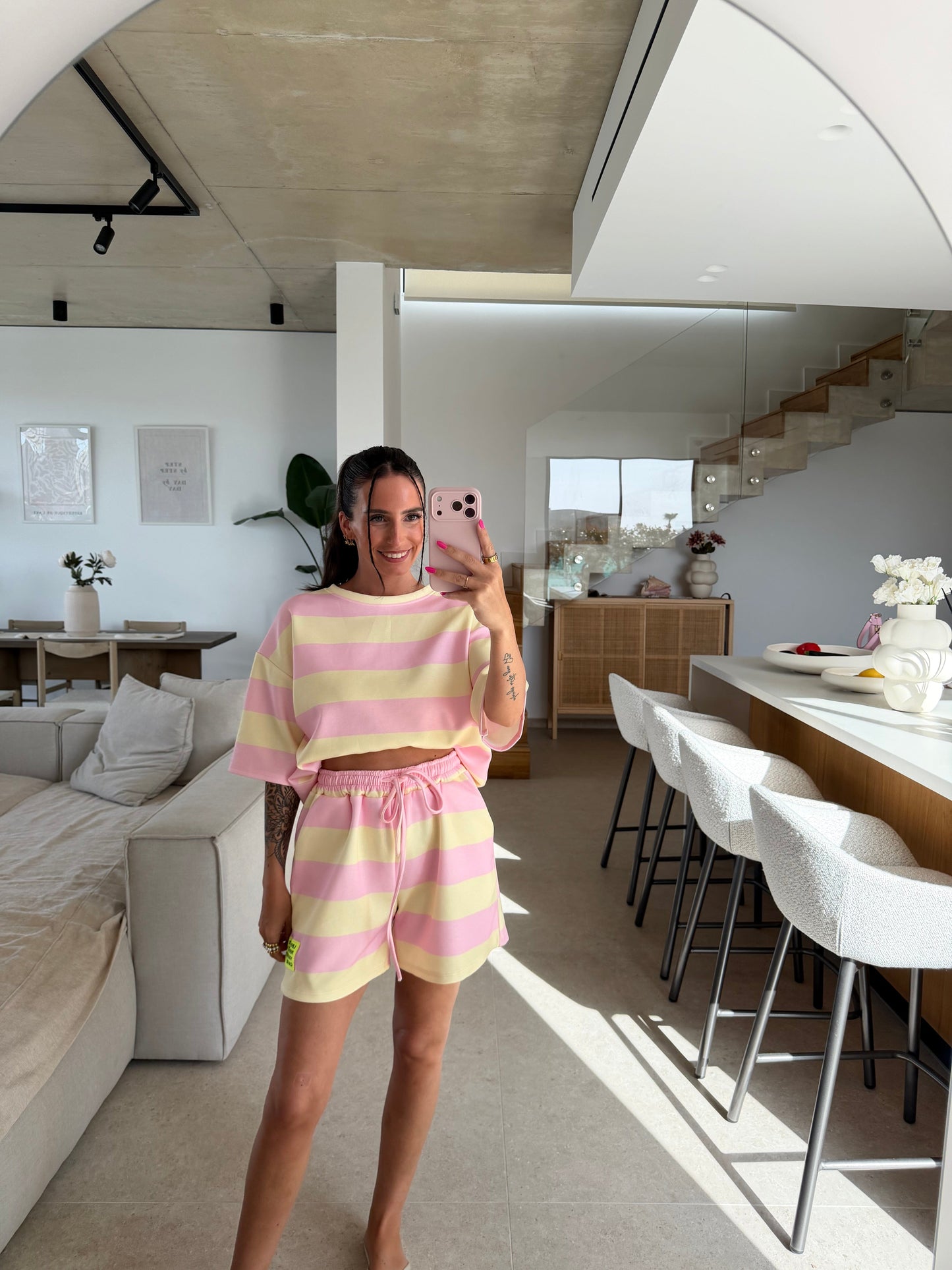 Streifen Shorts – Rosa/Gelb