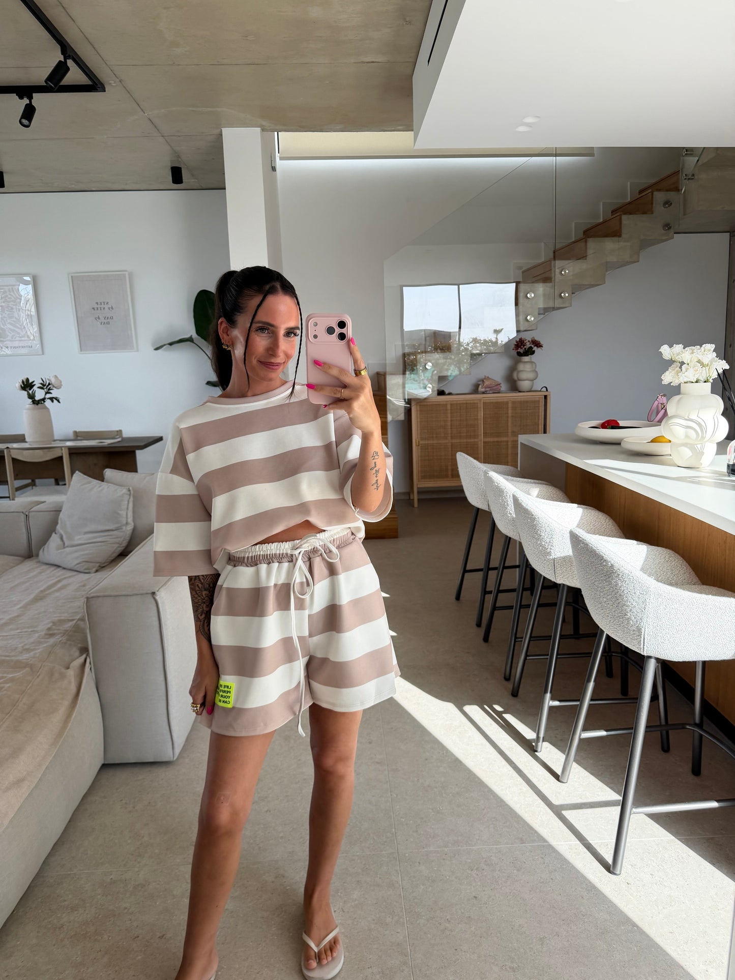 Streifen Shorts – Taupe/Beige