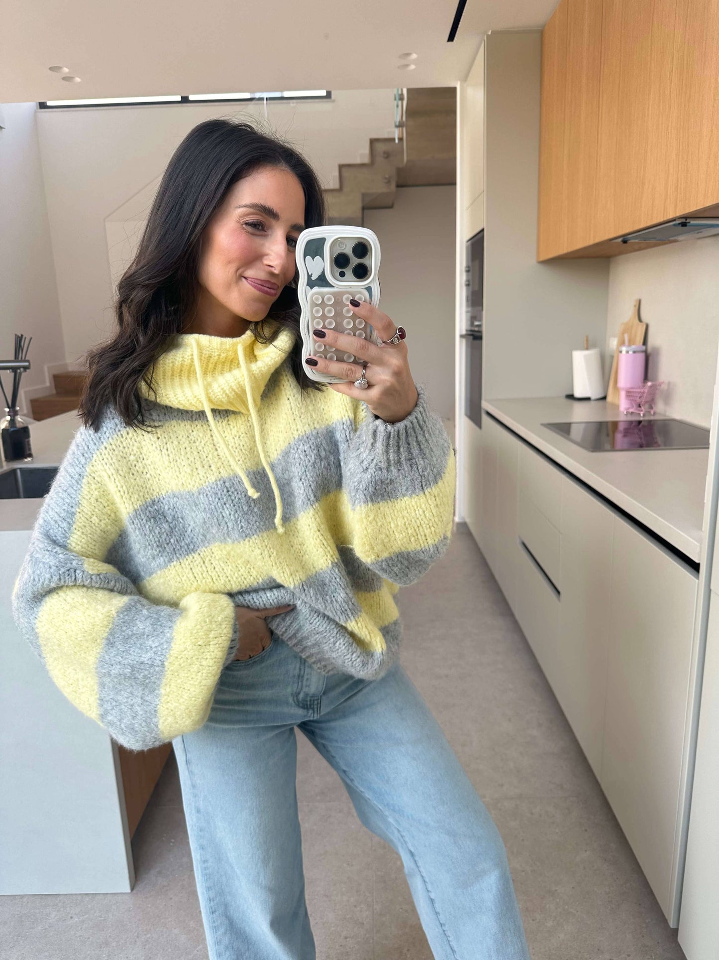 Strickpullover mit Kapuze Gelb/ Grau
