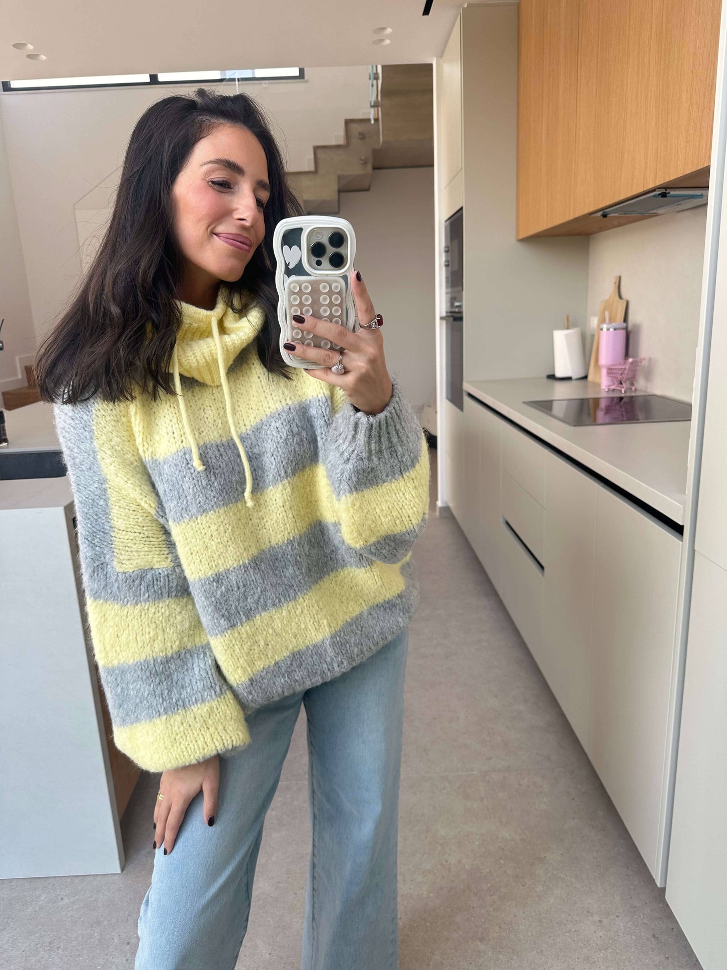Strickpullover mit Kapuze Gelb/ Grau