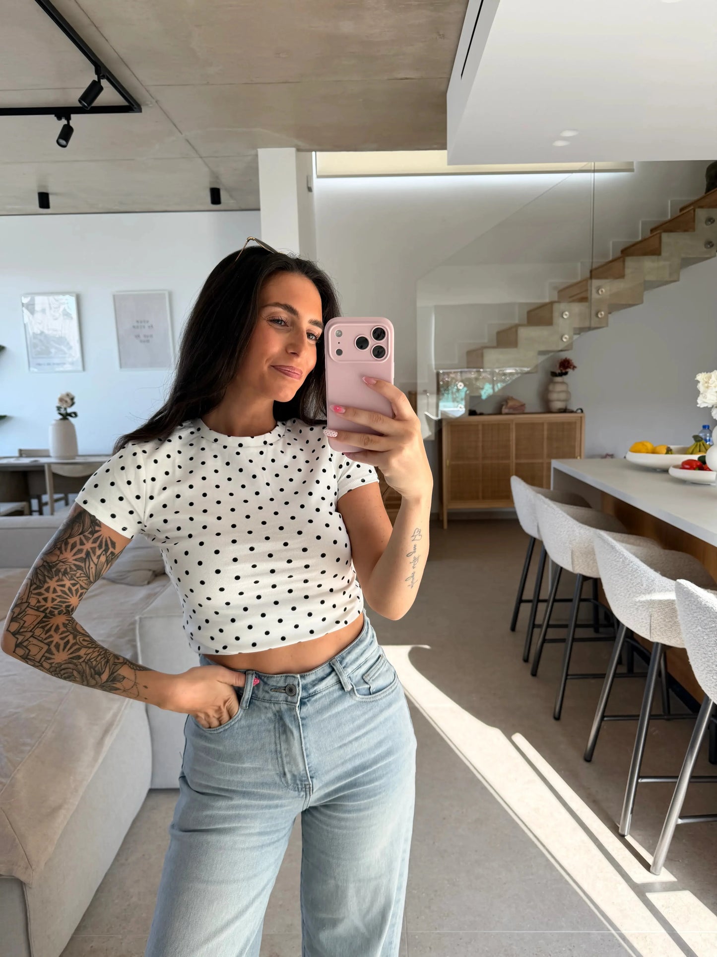 T-Shirt mit Punkten – Weiß