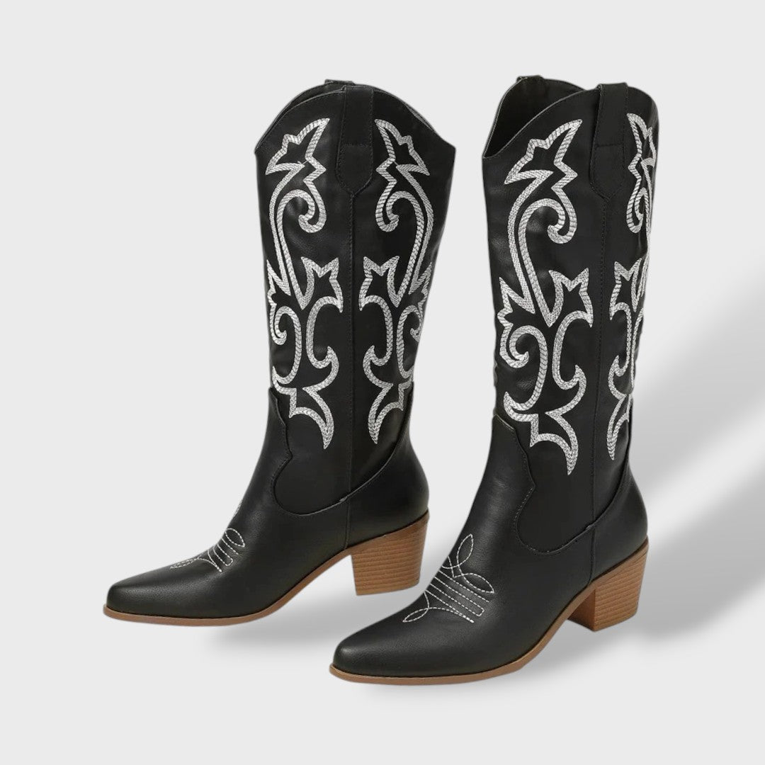 Botas Cowboy Mujer Altas Bordadas – Tacón Grueso, Tacones, vista frontal | Moda Acosta